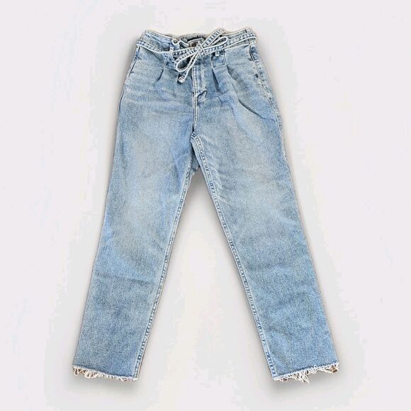 Hollister Jeans Womens 3R Blue Paperbag Denim Belted Raw Hem Light Wash 26x27 - Picture 1 of 5